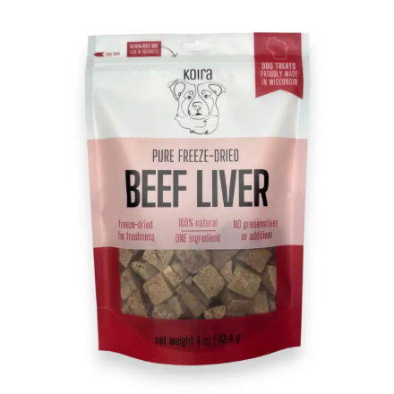 A bag of Koira freeze-dried beef liver treats showcasing real, nutrient-rich pieces of grass-fed liver.