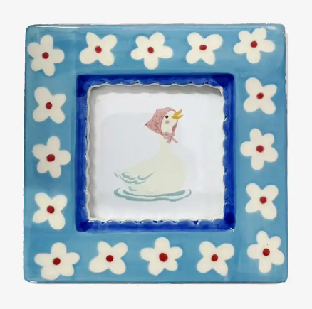 ChagoArt Blue Flowers ceramic photo frame with a lovely white hand-painted flower border on blue stoneware.