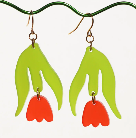 Lightweight floral dangle earrings, Frosted Poppy, featuring a playful tulip cut-out design on an Other Shapes branded card.