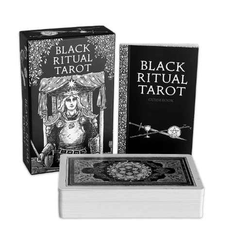 Explore shadow work and deep reflection with the monochromatic Black Ritual Tarot Deck by U.S. Games Systems Inc., displayed with its box and guidebook.
