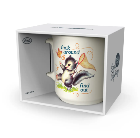 The Say Anything Mug by Fred & Friends neatly presented inside its branded gift packaging box.