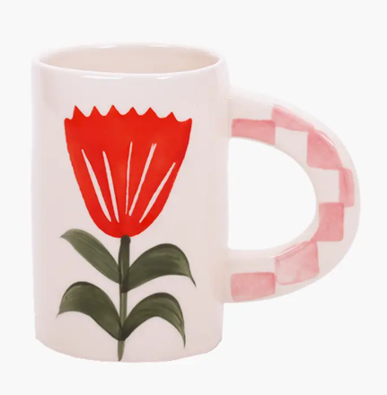 ChagoArt Red Floral stoneware mug showcasing a vibrant floral design and a large, decorated artisanal handle.