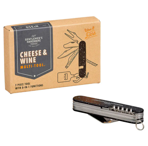 Gift the ultimate charcuterie companion with an 8-in-1 pocket entertaining multi-tool beautifully presented in a vintage-style Wine and Dine gift box.