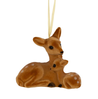 The whimsical Silver Tree Flocked Doe and Fawn Deer Ornament, a tender scene perfect for holiday decorating.