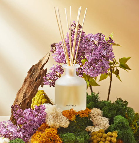 Luxury woody home fragrance diffuser from APOTHEKE featuring a minimalist matte-finished glass base and tall scent-dispersing sticks.