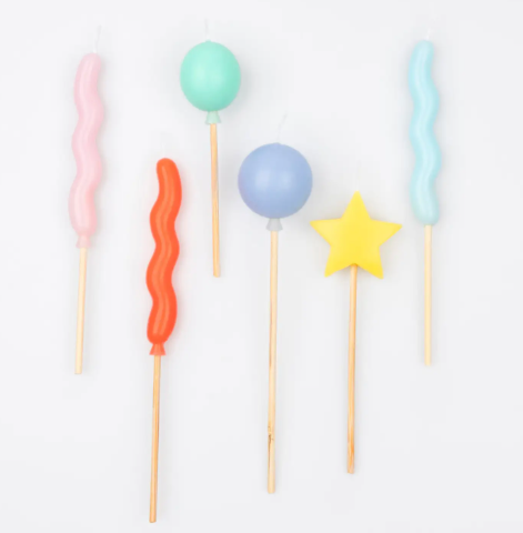 Six colorful 3D party candles featuring fun balloon and star shapes on wooden sticks, ready to light up your next birthday cake.