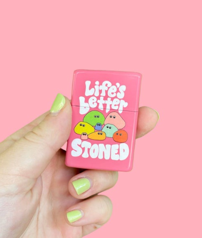 Life's Better Stoned Lighter by The Peach Fuzz, showcasing the unique design and refillable feature.