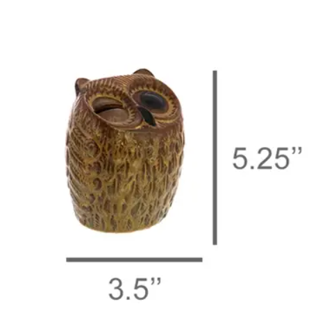 A 5.3-inch tall woodland-themed savings bank made of brown glazed ceramic with a removable rubber base stopper.