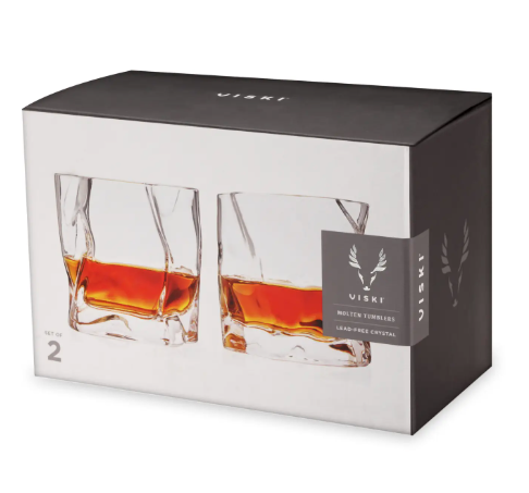 Eye-catching whiskey tumbler set, perfect for holiday gifting or an elegant home bar.