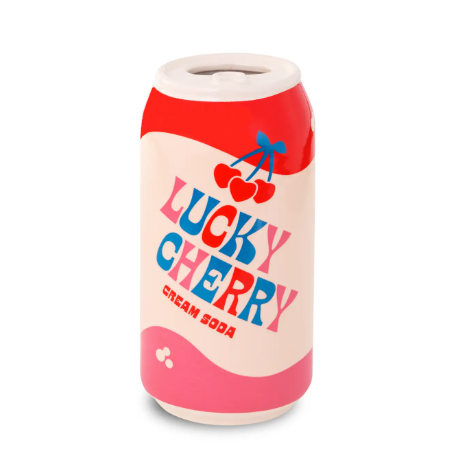 A whimsical hand-painted ceramic vase by Ban.do shaped like a lucky cherry cream soda can with vibrant red and cream details.