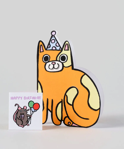 An interactive birthday card featuring a die-cut cat and a separate mini card.