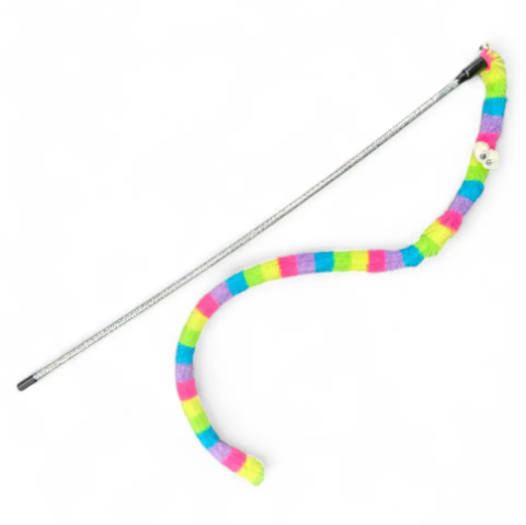 Engage your cat in active play with the colorful Snake Teaser Cat Toy by Koira, featuring a striped plush snake with googly eyes on a durable interactive wand.