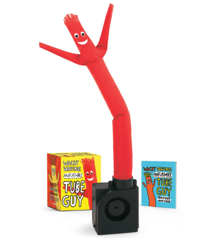 Wacky Waving Inflatable Tube Guy set including a 32-page history book and a portable dancing tube man for desks.