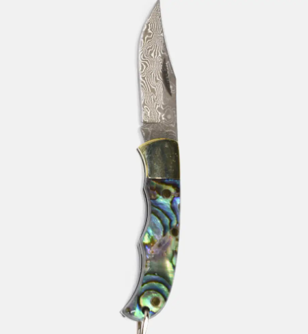 Abalone Inlay Folding Knife by Curated Basics with abalone inlay and Damascus steel blade, compact and elegant.