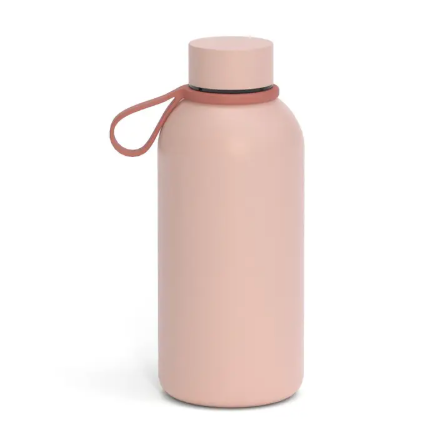 A 12 oz chic Blush pink insulated stainless steel bottle with a rustic red silicone carry strap.