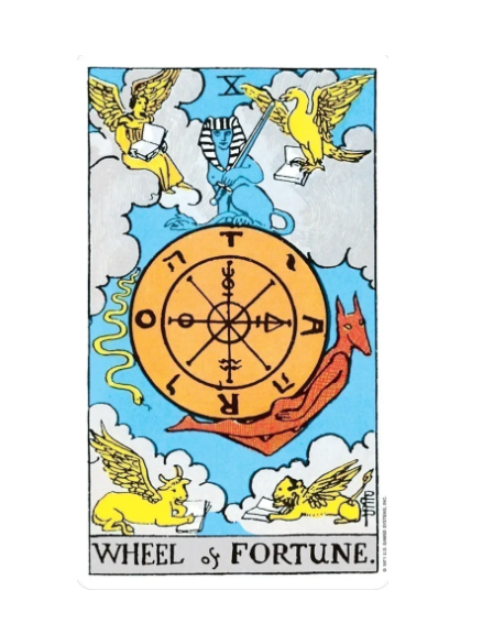 Dive into divination with the Wheel of Fortune card from the Rider-Waite Tarot Deck by U.S. Games Systems Inc., capturing complex allegorical figures and mystical symbolism.