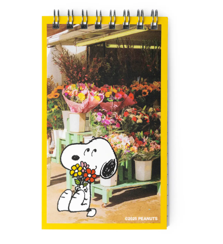 Bring retro charm to your desk with this Snoopy Flower Bouquet Mini Notebook, featuring a playful beagle in a floral shop.
