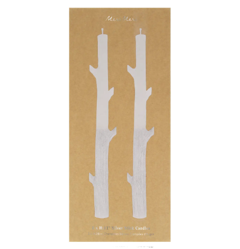 Modern artisanal candles by Meri Meri featuring a metallic silver ink dip and a unique textured wax surface.