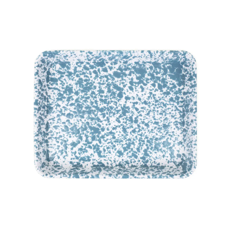 Catalina Small Rectangle Tray in "Turquoise", showcasing its shallow design, rolled edges, and unique speckled enamel finish, suitable for a variety of household uses.