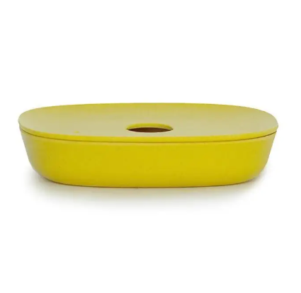 A bright lemon yellow soap dish with a smooth satin texture and modern rounded rectangular shape.