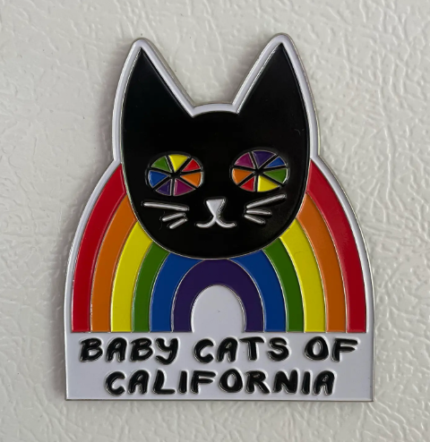 A vibrant Rainbow Cat magnet featuring colorful stripes and a smiling face.