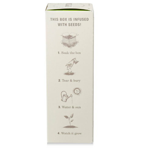 The seed-infused packaging of the Fresh Picked Basil Diffuser by KOBO detailing the step-by-step instructions to soak, tear, bury, and grow your own basil plant.