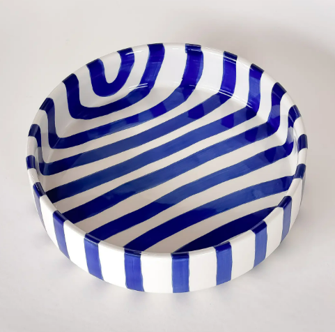 Artisanal Graphic Pattern Bowls by Magazin Minori featuring hand-painted Mare Blue stripes on a white ceramic base - Large.