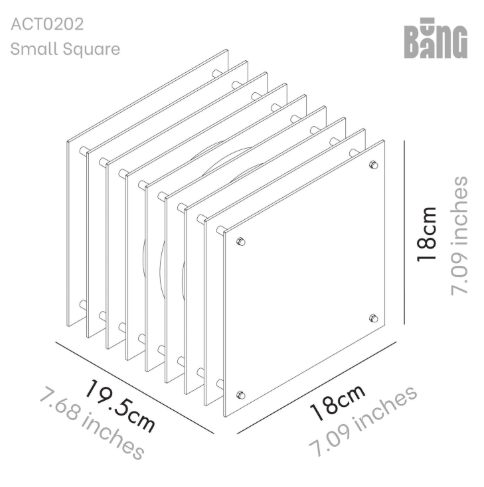 A technical line drawing of the LớP Small Square Light by BANG, displaying its compact dimensions and layered acrylic structure.