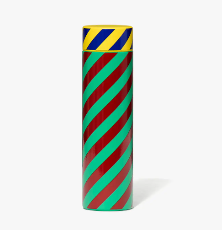 The insulated Stripe Pattern Thermal Flask with a diagonal red and green stripe pattern and a blue and yellow cap.