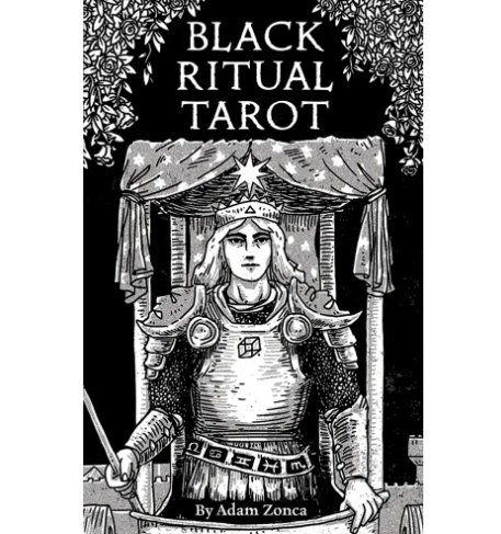 Unbox the monochromatic Black Ritual Tarot Deck by U.S. Games Systems Inc., displayed alongside its companion guidebook.
