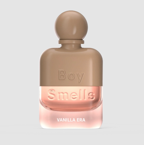 The Boy Smells Vanilla Era perfume bottle in a two-toned neutral and soft pink shade.