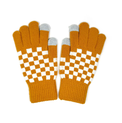 A pair of vibrant orange and white checkerboard knit gloves with touchscreen-compatible fingertips.