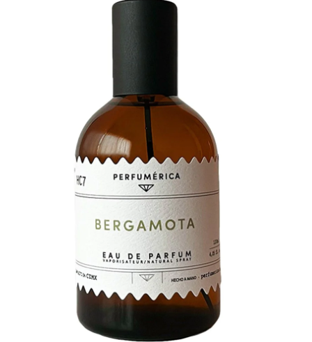 A sleek bottle of Bergamota Eau de Parfum by Perfumérica, featuring a minimalist label and elegant apothecary-style design.