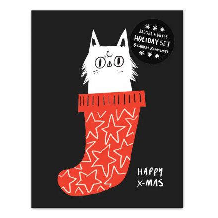 A festive cat-themed Christmas card on a black background, perfect for a quirky holiday greeting - Box Set
