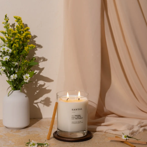 Santal candle, a sultry and masculine home fragrance perfect for minimalists and inspired by travel and nature.