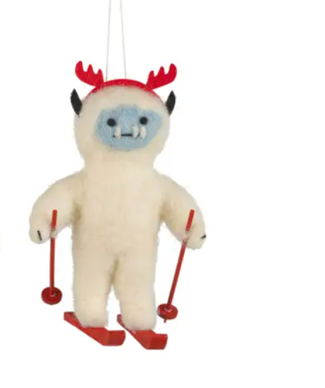 Felt Skiing and Snowboarding Yeti Ornament by Silver Tree – winter sports-themed ornaments featuring yetis in red reindeer hats, skiing down the tree.