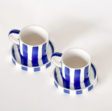 Hand-painted Graphic Pattern Espresso Set by Magazin Minori featuring modern Mare Blue stripes on white ceramic.