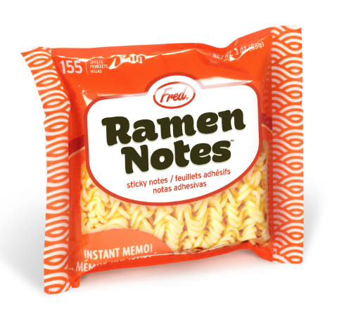 A pack of Ramen Notes by Fred & Friends featuring over 150 sticky notes in a fun, reusable zipper-lock bag that looks like ramen.
