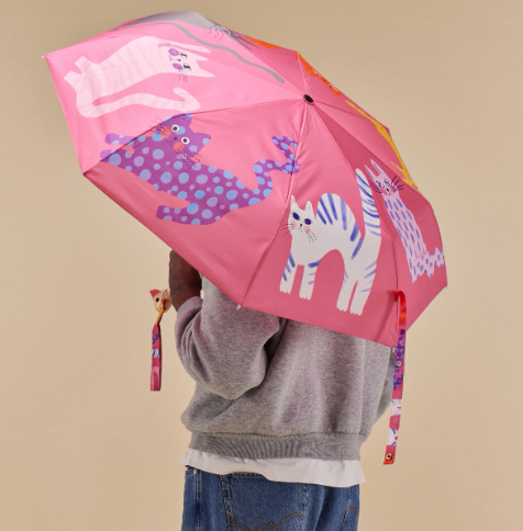 Open Duck Umbrella showcasing its recycled fabric and wind-resistant design - Fuchsia Arty Cats