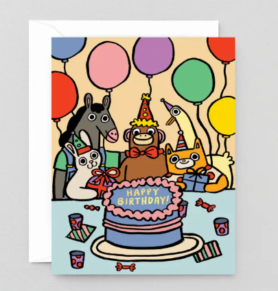 Send joyful wishes to a special child with the Wrap Happy Birthday Party Kids Birthday Card, a charming greeting featuring playful animals celebrating around a birthday cake.