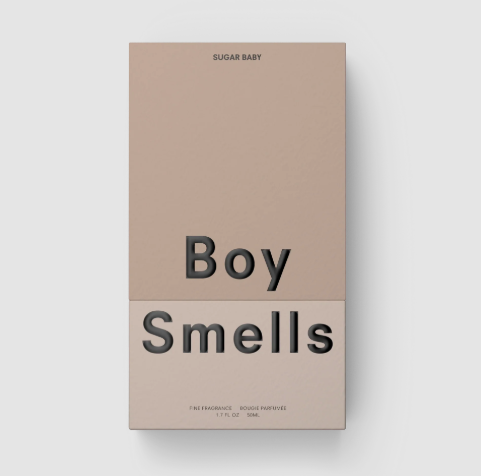 Ready-to-gift box packaging for the Boy Smells Sugar Baby fragrance, featuring a minimalist dual-section design in a soft nude tone.