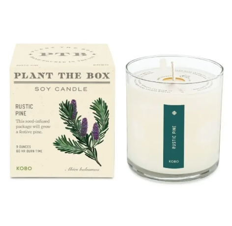 Celebrate sustainable living with the KOBO Rustic Pine Plant the Box Candle, a festive pine-fresh scented candle featuring a plantable box that gives back to the earth.