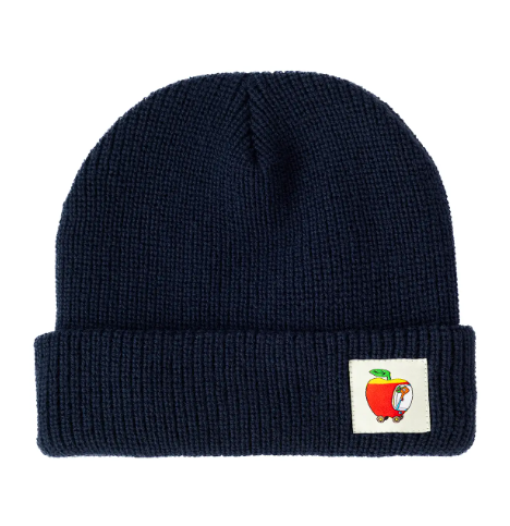 A navy blue knit beanie featuring an embroidered patch of Lowly Worm in the iconic Richard Scarry Apple Car by Three Potato Four.