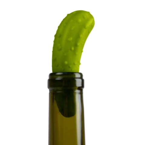 The Pickle Bottle Stopper by Fred & Friends securely seals an open wine bottle, combining quirky style with practical preservation.