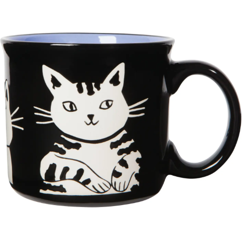 A large 20 oz stoneware mug with a whimsical "Meow & Furever" cat-themed design, perfect for a cozy beverage.