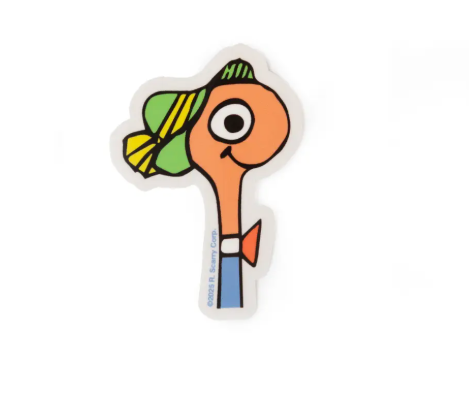 A vinyl sticker featuring a close-up of Lowly Worm's head and upper body, wearing his green hat with a yellow stripe and a small red bow tie.