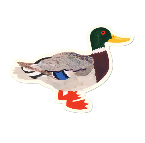 Unique die-cut decals by Red Cap Cards made in Sweden, showcasing a variety of textures from glossy prismatic to white matte, this design features a Mallard.