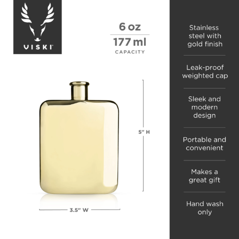 A portable 14-karat gold plated flask, a great gift for cocktail lovers.