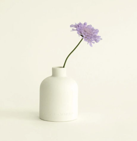A stylish ceramic Palo Santo reed diffuser placed on a minimalist shelf, showcasing how it can enhance a calm and serene space and be repurposed as a vase.