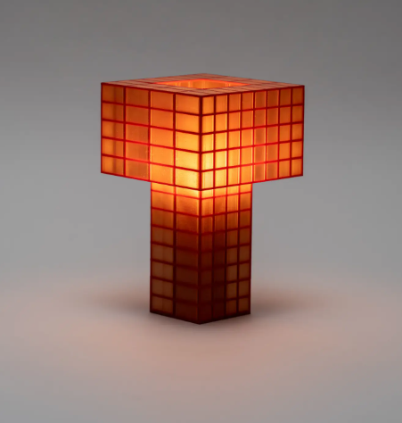 Highlight the warm glow of the Tesser 5:8 Lamp by Ridezign in amber, showcasing its tall sculptural silhouette and Fibonacci-inspired grid pattern.